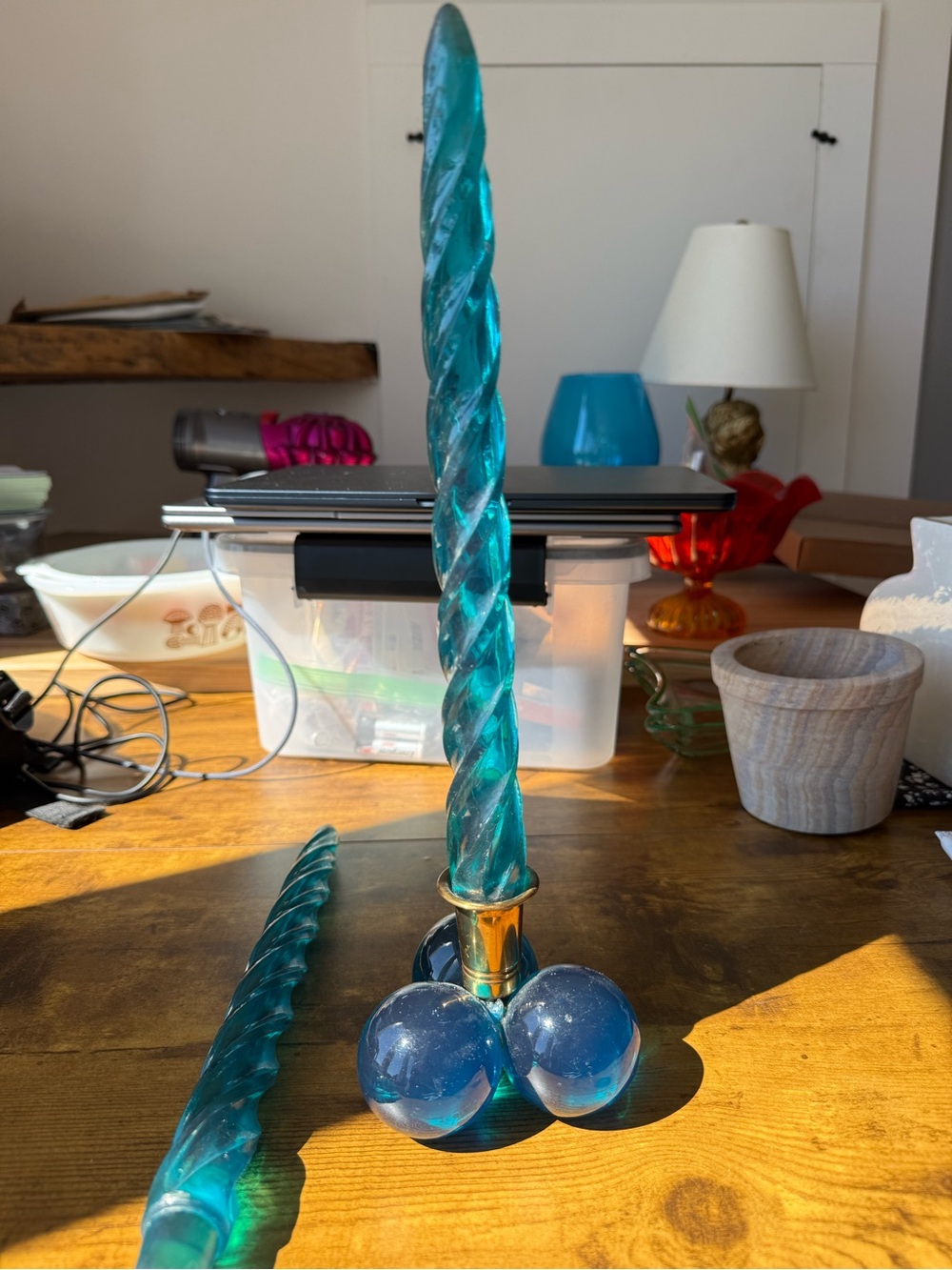 Vintage blue lucite candle and candle holder - set of 2 candles, 1 candle holder